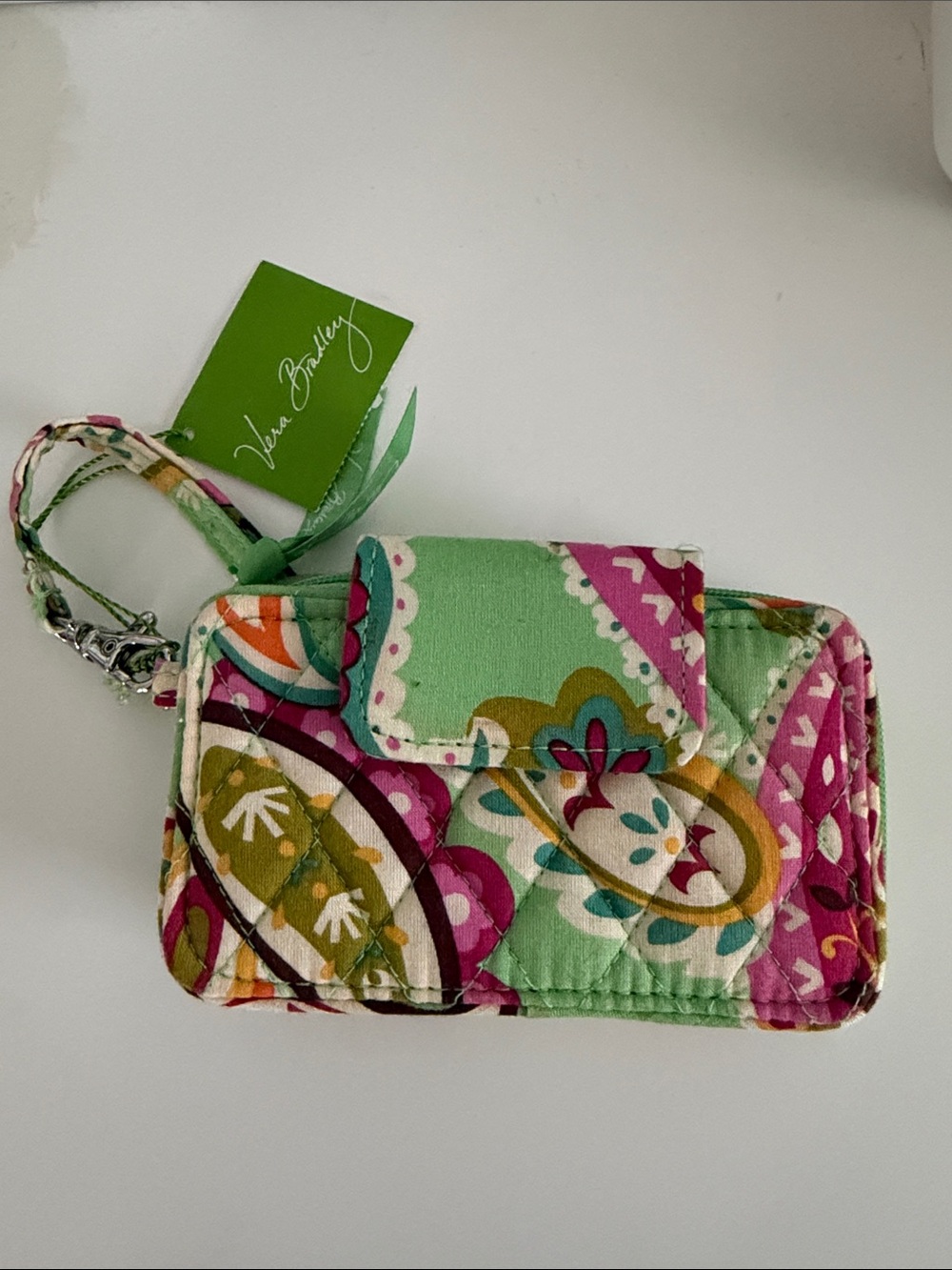 Vera Bradley Quilted Paisley Wristlet in Green, Pink & Mustard